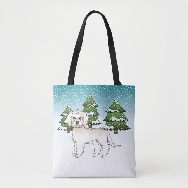 Cream Mini Goldendoodle Hund in einem Winterwald (Vorderseite)