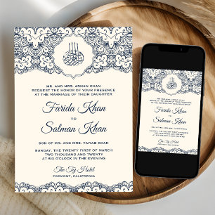Cream Navy Blue Lace Islamische Hochzeit Einladung