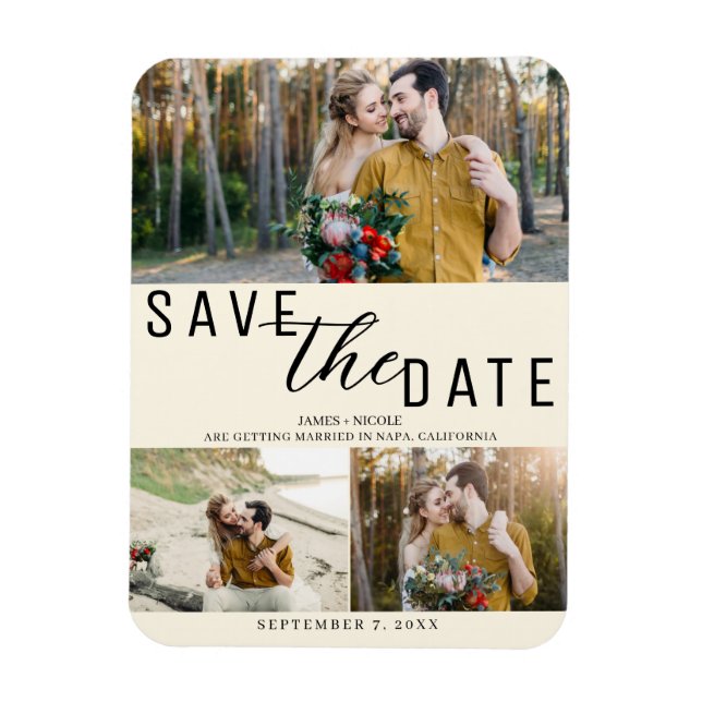 Cream Off White Save the Date Hochzeit 3 Fotos Magnet (Vertikal)