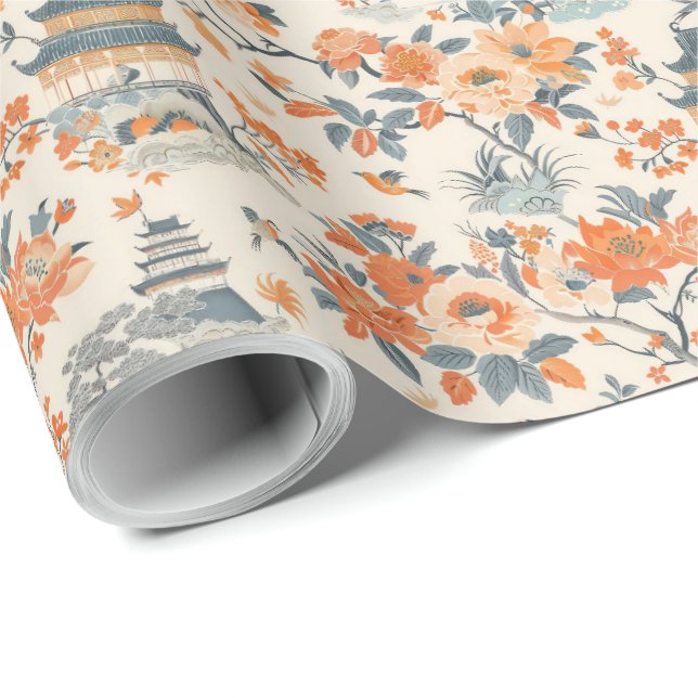 Cream Orange Floral House Chinoiserie Geschenkpapier (Rolleneckpunkt)