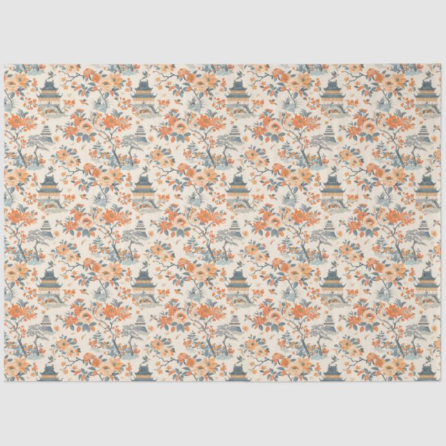Cream Orange Floral House Chinoiserie Seidenpapier (Vorderseite)