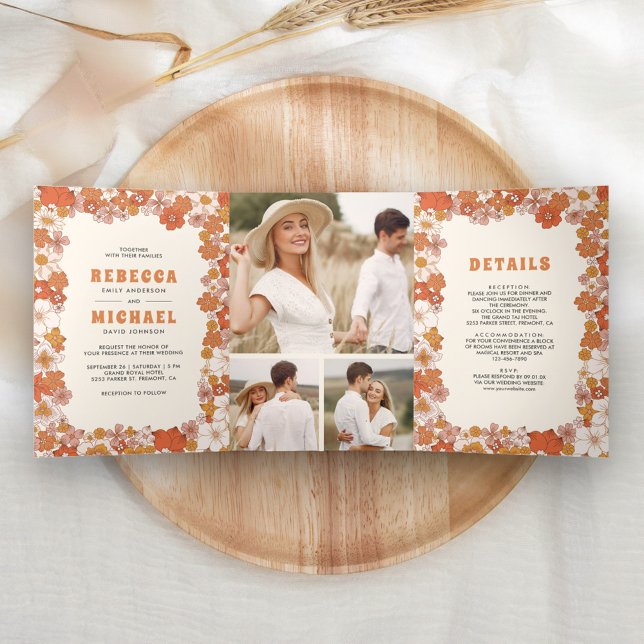 Cream Orange Groovy Retro Wildblume Wedding Dreifach Gefaltete Einladung (Von Creator hochgeladen)