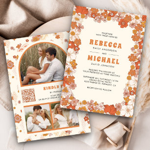 Cream Orange Groovy Retro Wildblumen-Hochzeit Einladung