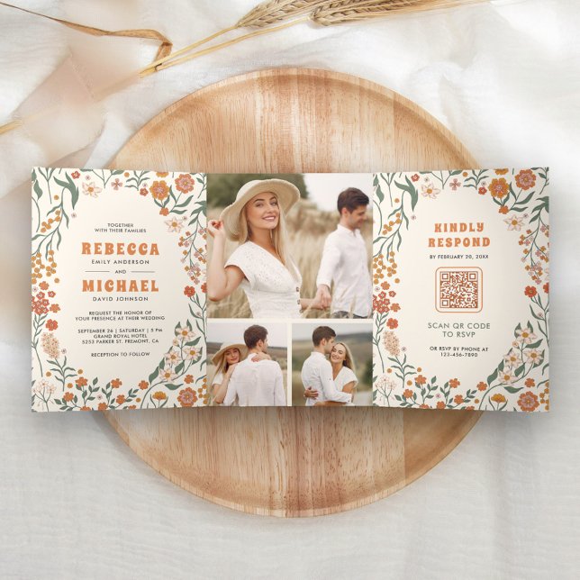 Cream Orange Groovy Wildblume All in One Wedding Dreifach Gefaltete Einladung (Von Creator hochgeladen)