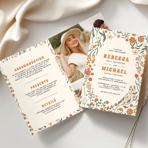 Cream Orange Groovy Wildflower Alles in Einem Hoch Einladung