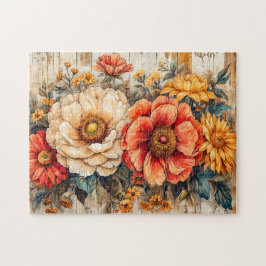 Cream Peony and Orange Zinnia on Wood Puzzle