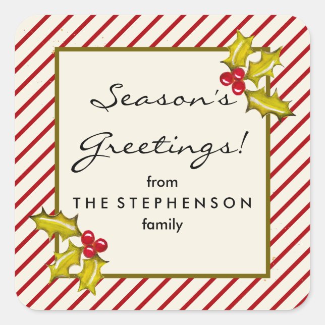 Cream Peppermint Stripe Holly Classic Weihnachten Quadratischer Aufkleber (Vorderseite)
