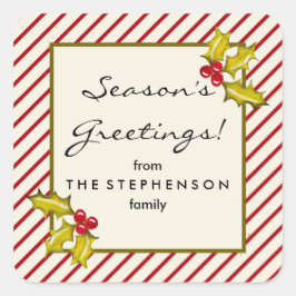 Cream Peppermint Stripe Holly Classic Weihnachten Quadratischer Aufkleber