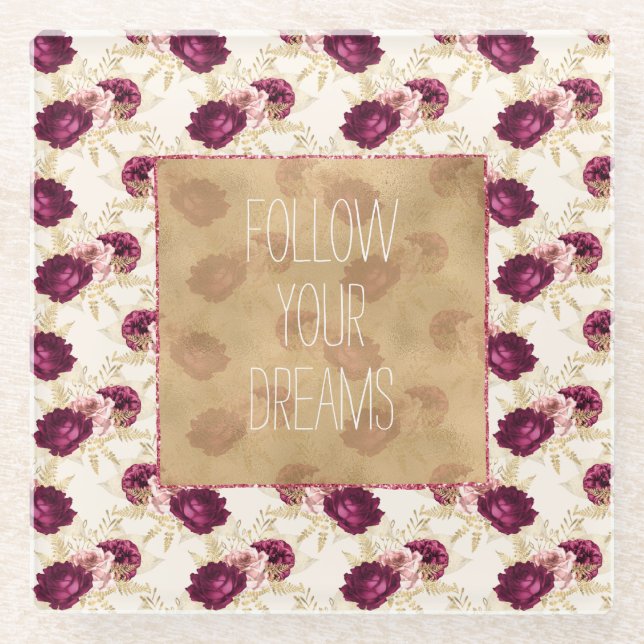 Cream Pink Burgundy Blumenzettel Glasuntersetzer (Vorderseite)