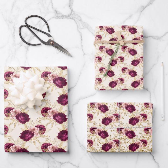 Cream Pink Burgundy Floral Gold Glitz Geschenkpapier Set (Vorderseite)