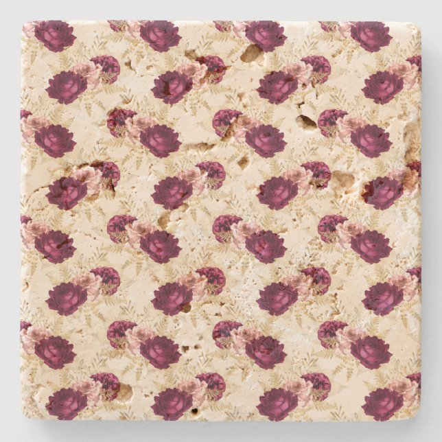 Cream Pink Burgundy Floral Steinuntersetzer (Vorderseite)