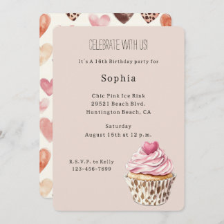 Cream Pink Heart Cupcake Leopard Birthday Einladung