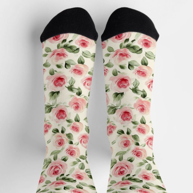 Cream Pink Roses Floral   Socken (Oben)
