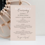 Cream Pink Weekend Geburtstagsfeier Einladung<br><div class="desc">Delikate Moderne kalligraphische Wochenende Zeitplan Zeitleiste. Das Design besticht durch ein elegantes,  modernes Textlayout. Um erweiterte Änderungen vorzunehmen,  wählen Sie bitte unter Personalisieren dieser Vorlage die Option "Klicken Sie auf,  um weitere Anpassungen vorzunehmen".</div>
