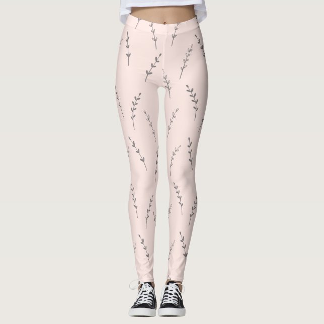 Cream Pink Women's Leaf Print Leggings (Vorderseite)