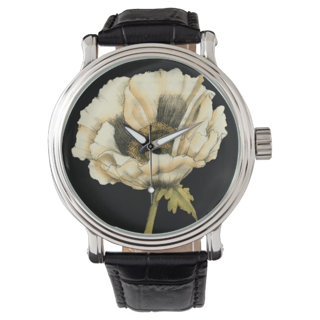 Cream Poppy Blume im schwarzen Hintergrund Armbanduhr (Vorderseite)