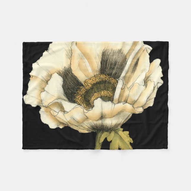 Cream Poppy Blume im schwarzen Hintergrund Fleecedecke (Vorderseite (Horizontal))