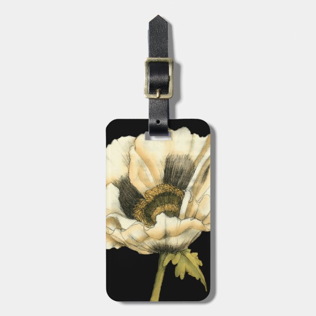 Cream Poppy Blume im schwarzen Hintergrund Gepäckanhänger (Vorderseite vertikal)