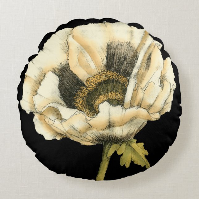 Cream Poppy Blume im schwarzen Hintergrund Rundes Kissen (Vorderseite)