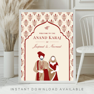 Cream Red Anand Karaj Sikh Wedding Begrüßungszeich Poster