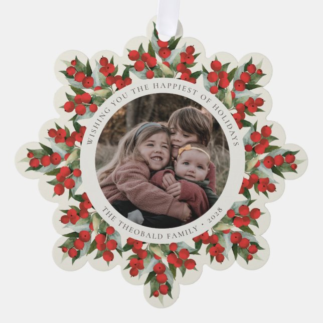 Cream Red Berries+Greenery Holiday Paper Ornament Karte (Vorderseite)