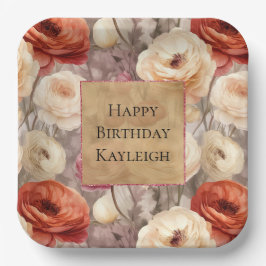 Cream Red Burgundy Floral Geburtstag Pappteller