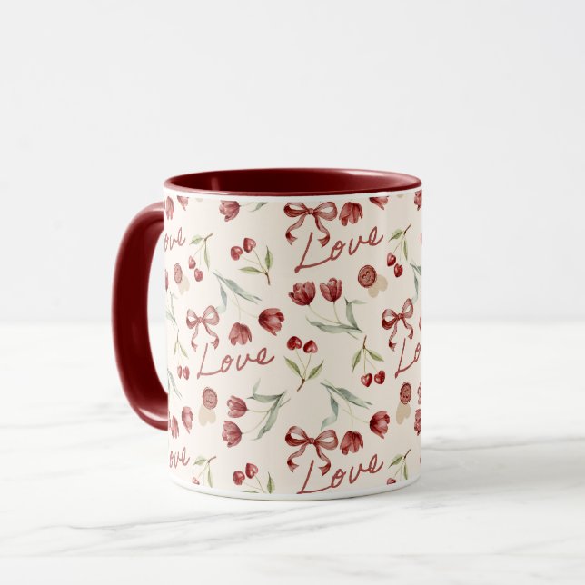 Cream Red Cherry Hearts Valentine's Day Love Bows Tasse (Vorderseite Links)