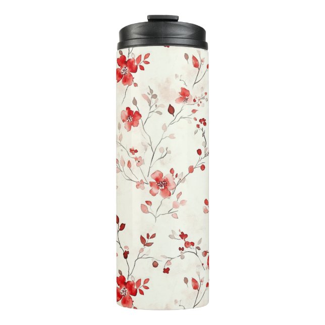 Cream Red Floral Christmas Thermosbecher (Vorderseite)