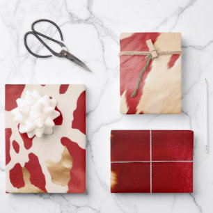 Cream Red Gold Western Cowhide Geschenkpapier Set