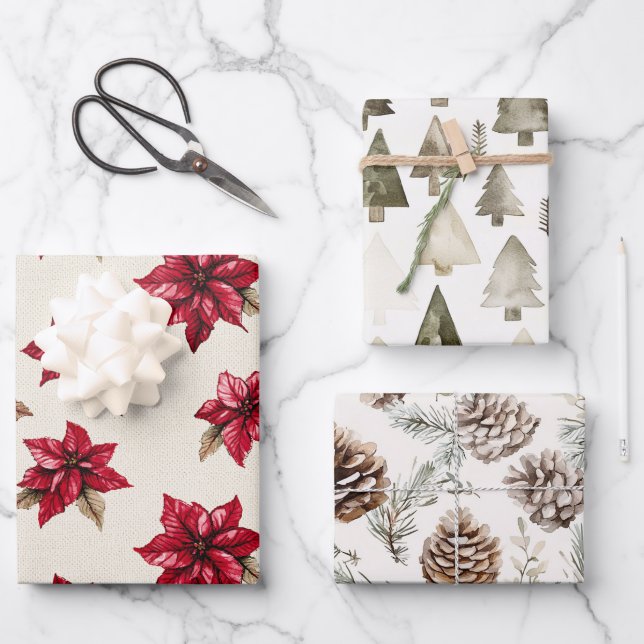 Cream Red Poinsettia Weihnachten Geschenkpapier Set (Vorderseite)