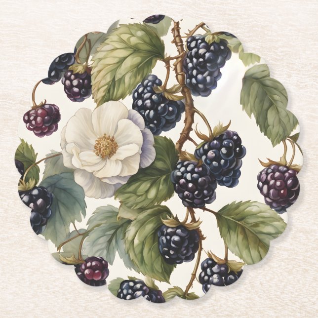 Cream Regal Elegance BlackBerry & Blooms Untersetzer (Vorderseite)