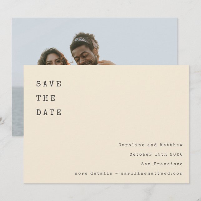 Cream Retro Schreibmaschine Schriftart Hochzeit Fo Save The Date (Vorne/Hinten)