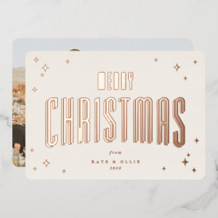 Cream+Rose Gold Frohe Weihnachts Retro Stars Foto Folien Feiertagskarte