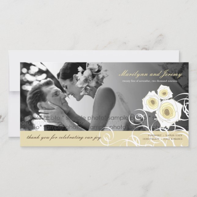 Cream Rose Wirbel Hochzeit Danke Fotokarte (Vorderseite)