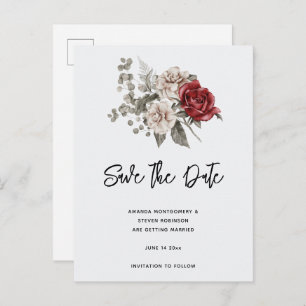 Cream & Rote Rose Boho Blume Bouquet Einladungspostkarte