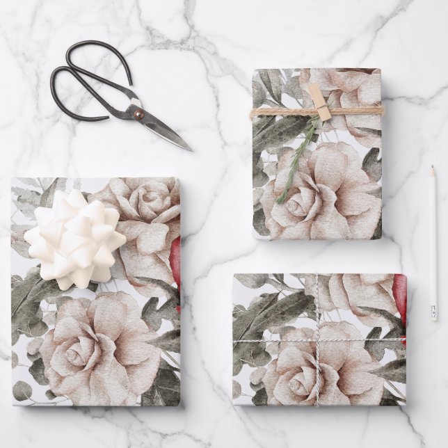 Cream & Rote Rose Boho Blume Bouquet Geschenkpapier Set (Vorderseite)