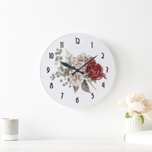 Cream & Rote Rose Boho Blume Bouquet Große Wanduhr