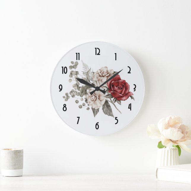Cream & Rote Rose Boho Blume Bouquet Große Wanduhr (Zuhause)
