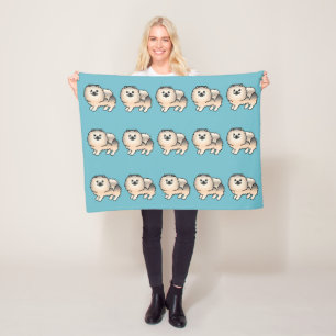 Cream Sable Pomeranian Hunde Muster auf Blau Fleecedecke