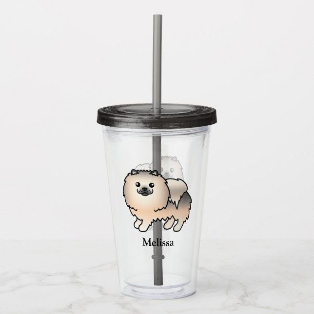 Cream Sable Spitz Cartoon Dog & Name Acryltrinkbecher (Vorderseite)