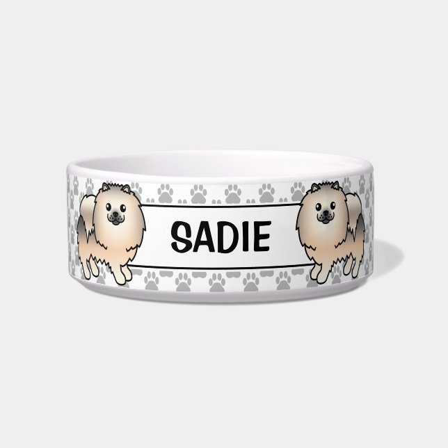 Cream Sable Spitz Niedlich Cartoon Dog & Name Napf (Vorderseite)