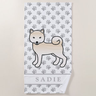 Cream Shiba Inu Niedlicher Cartoon Dog & Name Strandtuch
