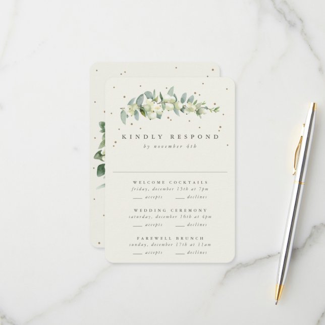 Cream Snowberry+Eucalyptus Wedding Multi-Event RSVP Karte (Vorderseite/Rückseite Beispiel)