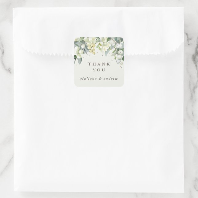 Cream Snowberry+Eucalyptus Wedding Vielen Dank Quadratischer Aufkleber (Tasche)