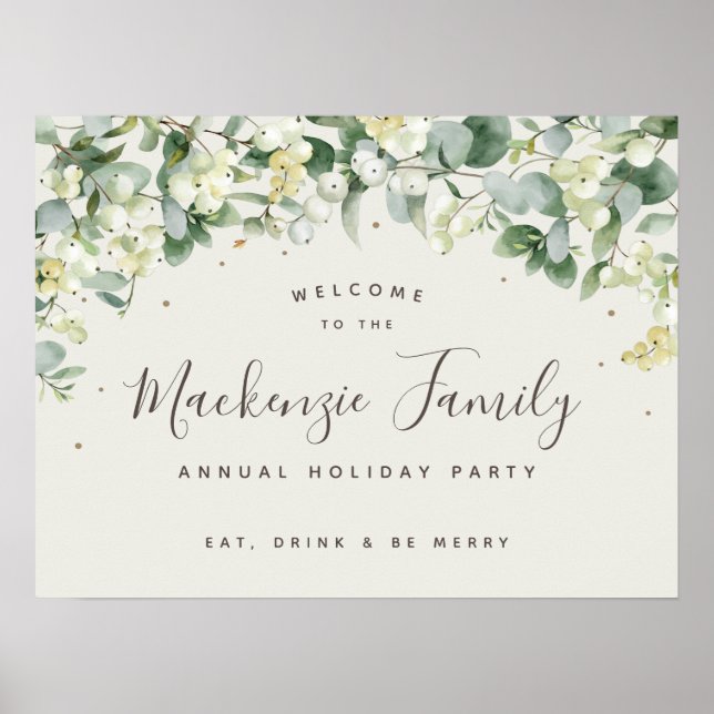 Cream Snowberry+Eucalyptus Weihnachtsfeier Poster (Vorne)
