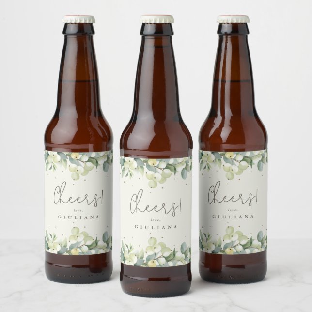 Cream Snowberry+Eucalyptus Winter Bachelorette Bierflaschenetikett (Flaschen)