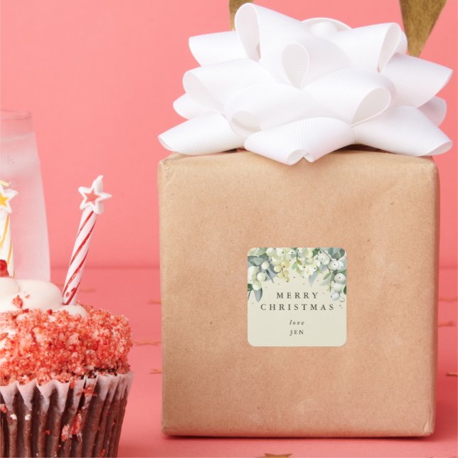 Cream Snowberry+Eukalyptus Frohe Weihnachten/Custo Quadratischer Aufkleber (Party)