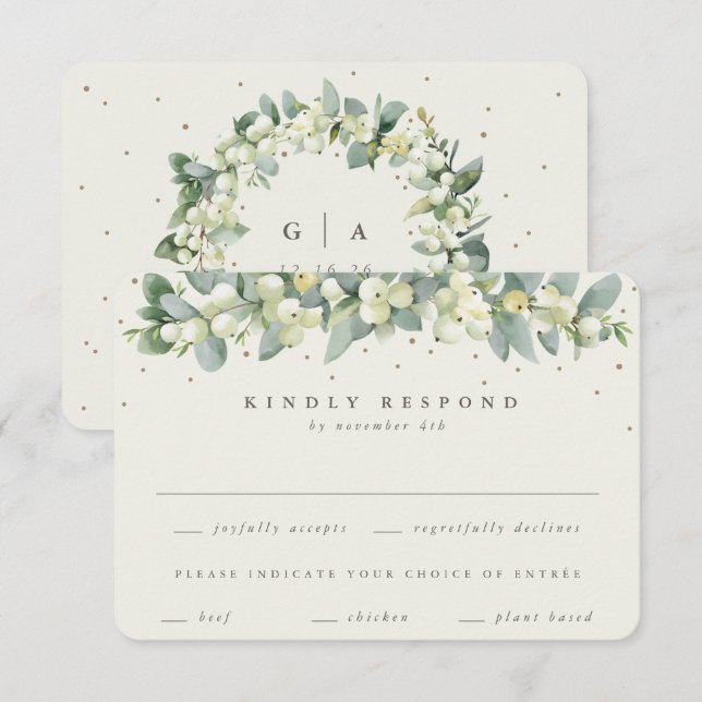 Cream Snowberry+Eukalyptus Garland Winterhochzeit RSVP Karte (Vorne/Hinten)