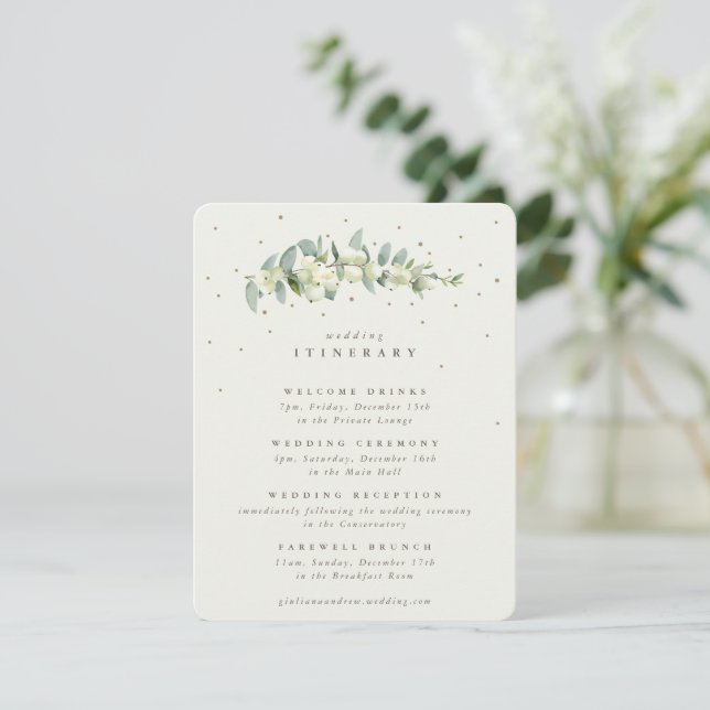 Cream Snowberry+Eukalyptus Stem Hochzeitreise Begleitkarte (Stehend Vorderseite)