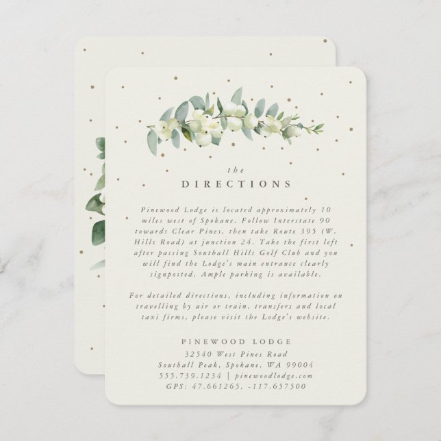 Cream Snowberry+Eukalyptus Stem Wedding Directions Begleitkarte (Vorne/Hinten)